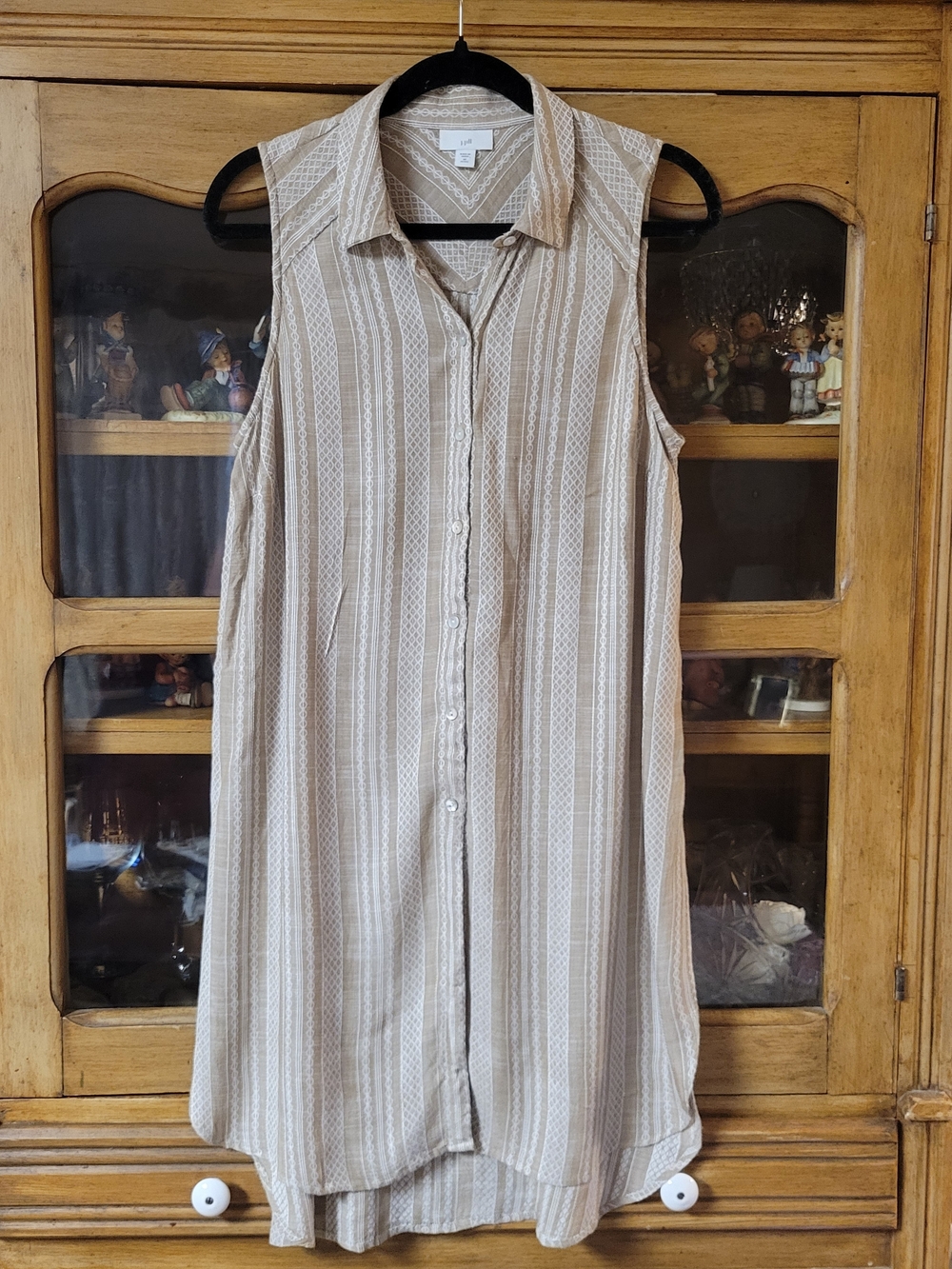 J.Jill Sleeveless Button-Front Tunic Shirt Dress in Beige Stripe